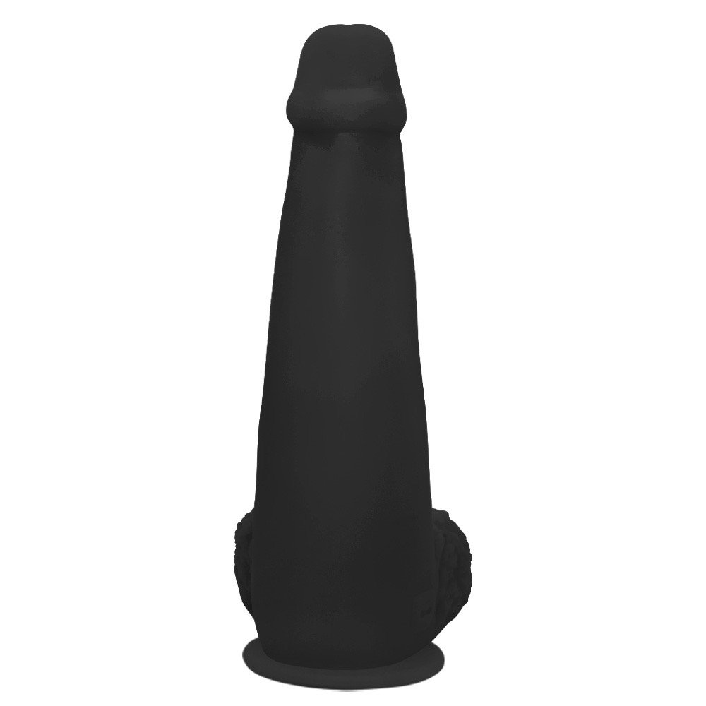 Vis�o superior do P�nis Gigante e Grosso Flex�vel com Escroto e Ventosa Longo 28 x 8,3cm Preto, destacando a espessura e o design robusto