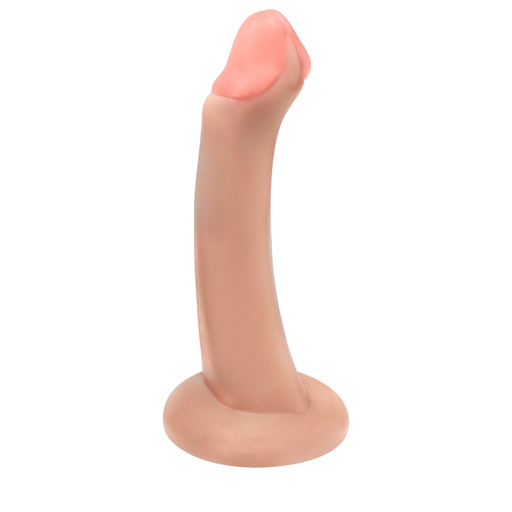 P�nis de PVC Flex�vel, Macio, Liso e com Base para Cinta Vacaciones em pose vertical com destaque para o corpo liso e bege