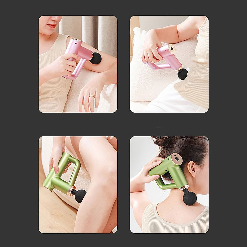 Quatro fotos de um Massageador Er�tico em ABS Recarreg�vel em cores rosa e verde sendo usado em diferentes partes do corpo, como bra�o e pesco�o