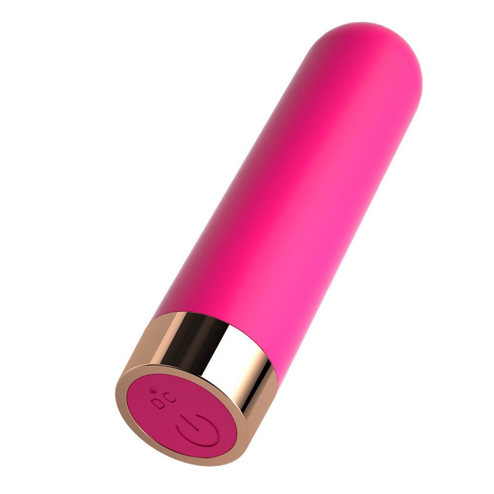 Vibrador Bullet Molly Pink em destaque com base dourada e bot�o de ligar/carregar