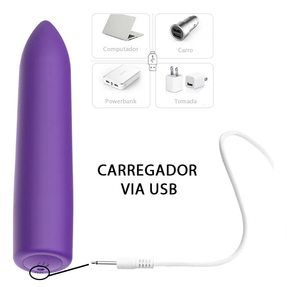 Vibrador Bullet Recarregável em ABS e Silicone Toque Aveludado com 10 Vibrações Roxo | Foto 05