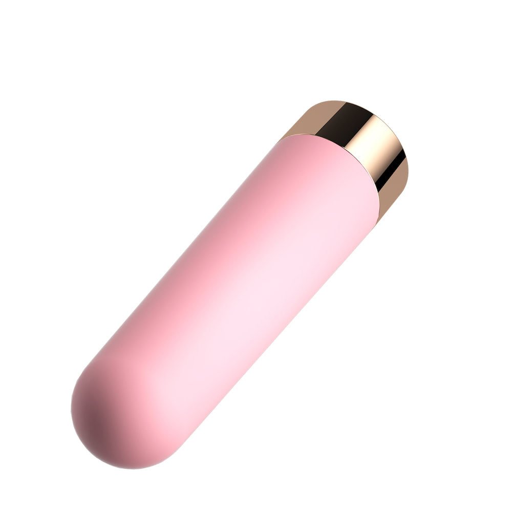Vibrador Bullet Recarreg�vel Mily Rosa em vista inclinada, mostrando o topo liso e a base dourada brilhante