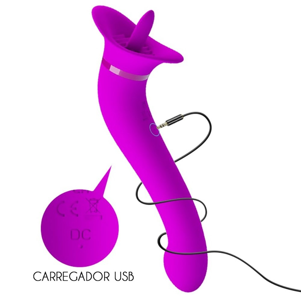 Vibrador Ponto G e Estimulador de Clit�ris Faust Roxo - vista superior do estimulador com fun��o de lambidas
