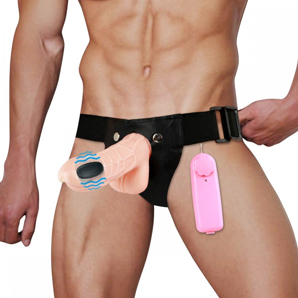 Capa Peniana com Cinta em PVC Realistica com Vibrador e Controle com Fio 17,5 X 4cm Bege - Foto 02