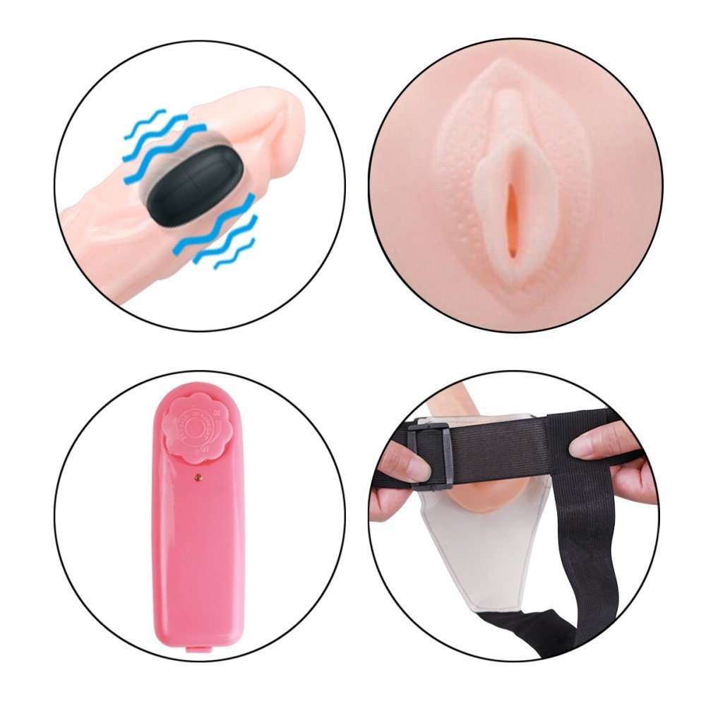 Capa Peniana com Cinta em PVC Realistica com Vibrador e Controle com Fio 17,5 X 4cm Bege - Foto 06