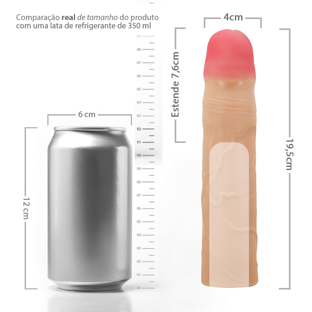 Capa peniana Kylian Bege, com extensor interno e anel escrotal, posicionada para demonstrar seu design alongado e realista.