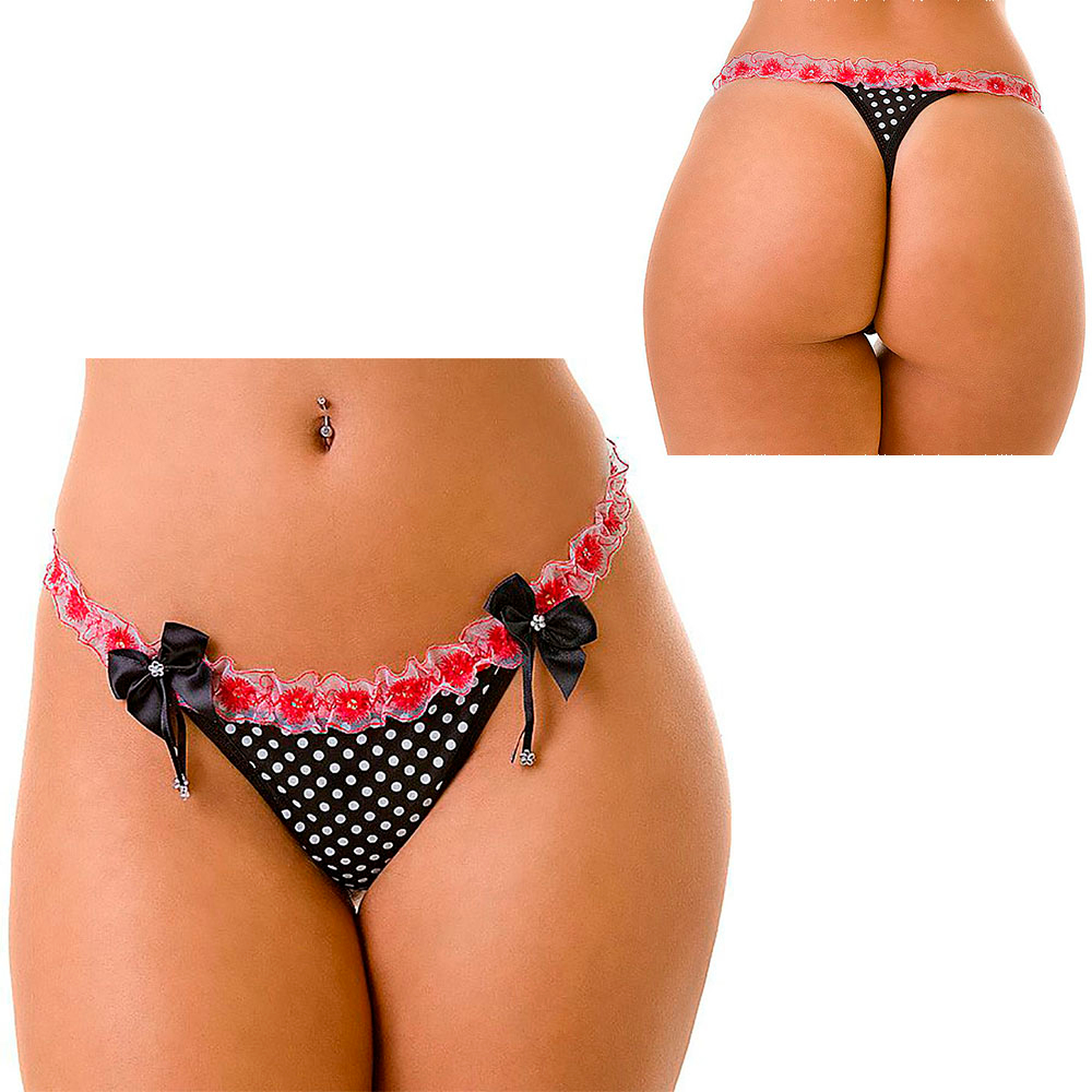 Calcinha String com Babadinho e Lacinhos em Algod�o Preta com Bolinhas Brancas - Vistas frontal e traseira combinadas, evidenciando o design completo da pe�a