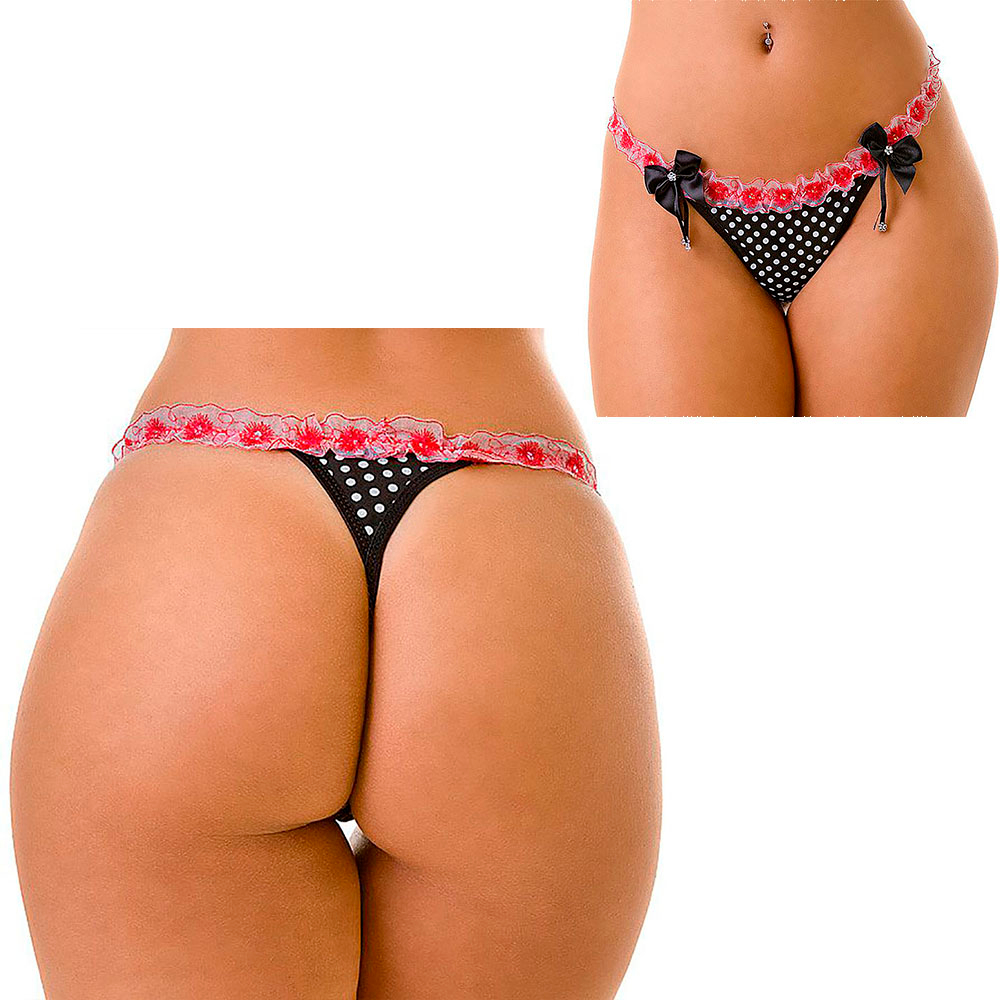 Calcinha String com Babadinho e Lacinhos em Algod�o Preta com Bolinhas Brancas - Vistas frontal e traseira em montagem, real�ando os detalhes e o caimento no corpo