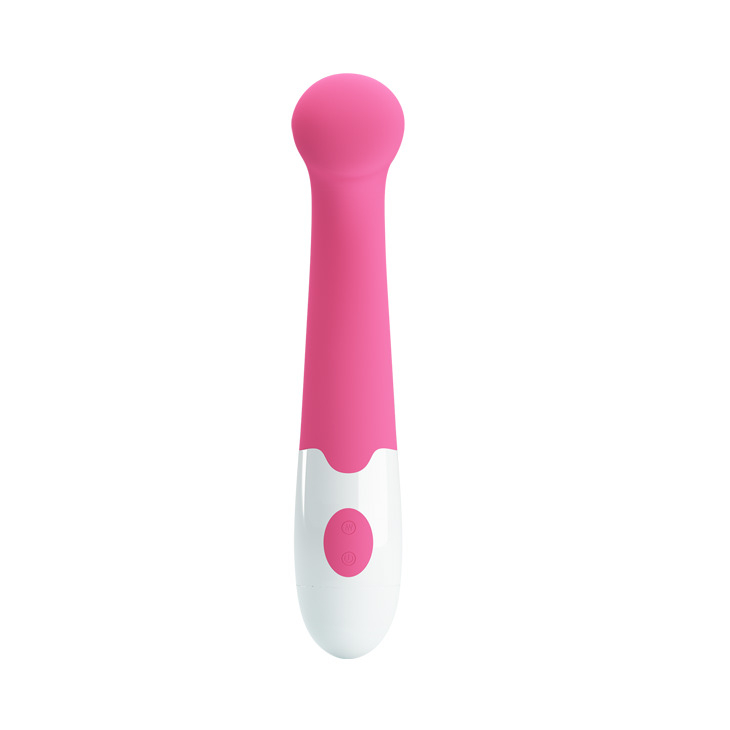Vibrador Ponto G Charles. Detalhe do vibrador com base branca e bot�es de controle, corpo rosa curvado.