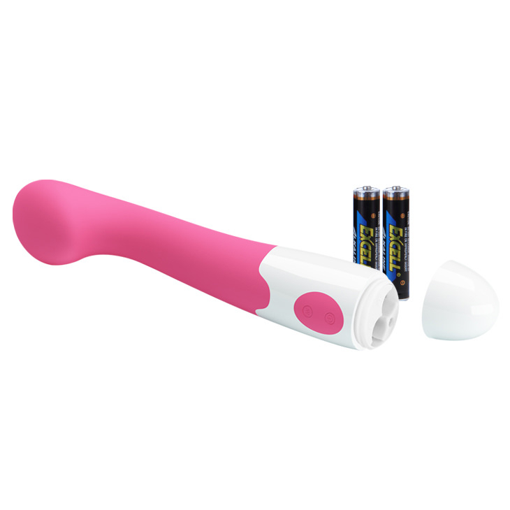 Vibrador Rosa Charles. Vista da base do vibrador, mostrando o compartimento das pilhas.