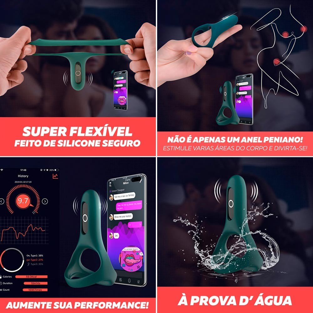 Anel Peniano e Escrotal em Silicone Recarregável com 7 Vibrações Controle por APP Rise Verde | Foto 05