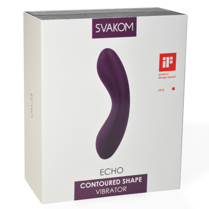 Embalagem do Vibrador Ponto G, Formato Anat�mico Recarreg�vel Echo, cor roxa, mostrando o selo de design award e o nome do produto ECHO CONTOURED SHAPE VIBRATOR
