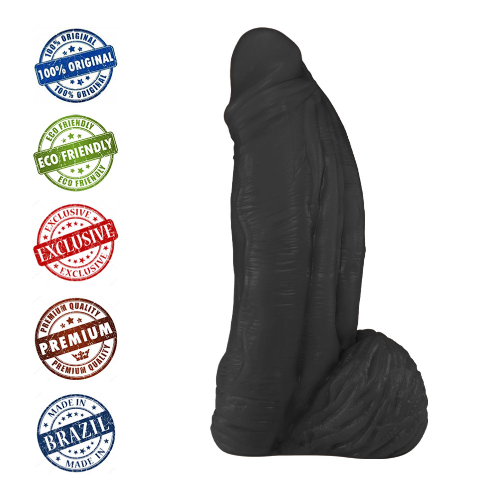 P�nis Large em PVC Flex�vel At�xico Preto - vista lateral do escroto detalhado