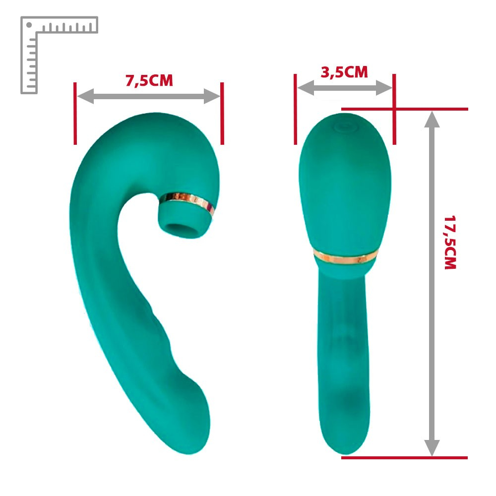 Vibrador Duplo em Silicone Recarreg�vel Mappy Hour Verde em close, destacando os bot�es de controle e o material.