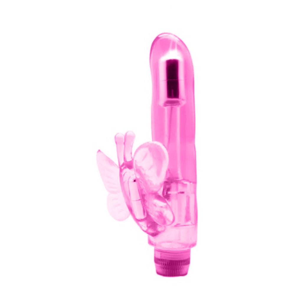Vista frontal do Vibrador Duplo de Borboleta, mostrando as 'asas' e a ponta vibrat�ria em jelly rosa