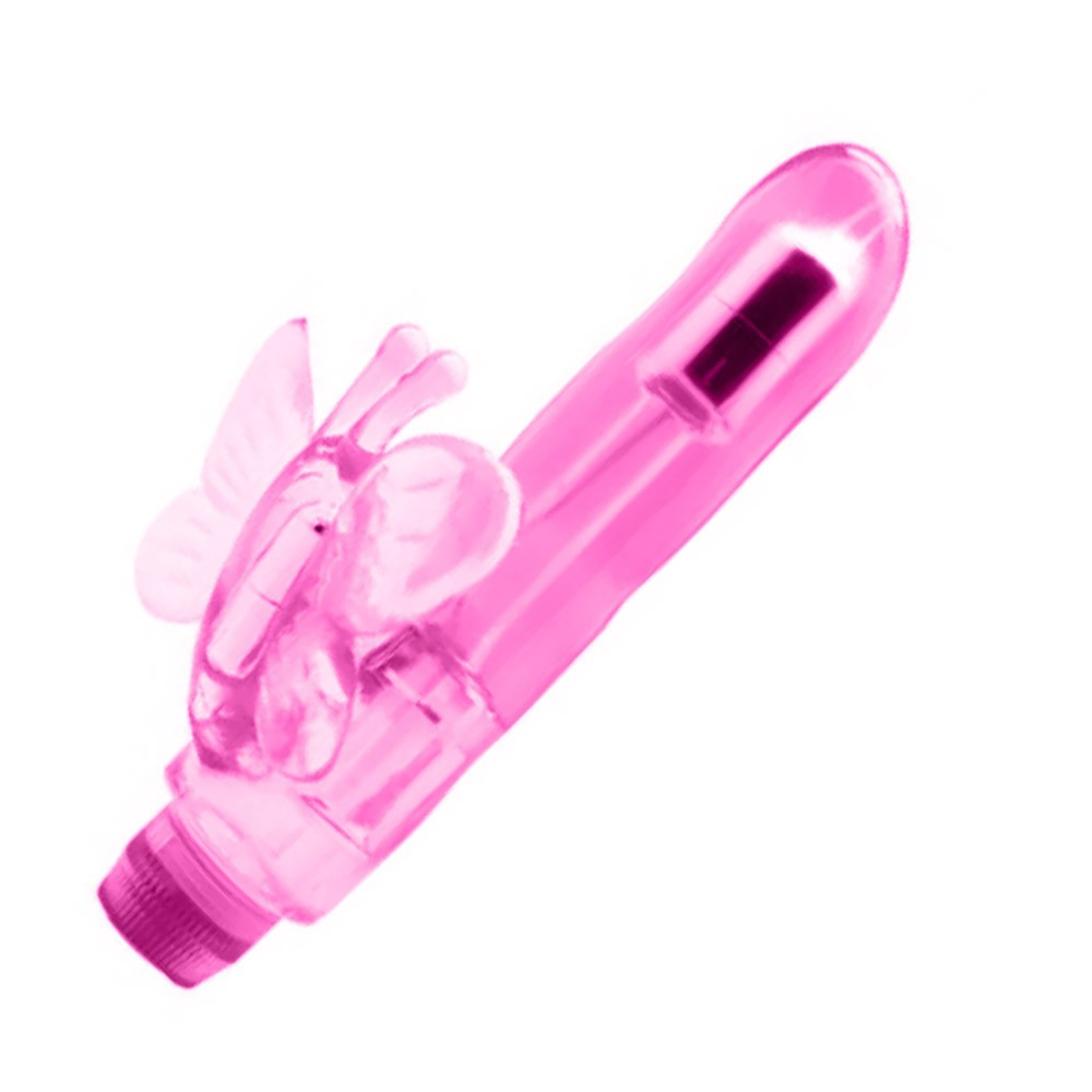 Vista lateral do Vibrador Duplo de Borboleta, enfatizando a curvatura e a textura macia do jelly