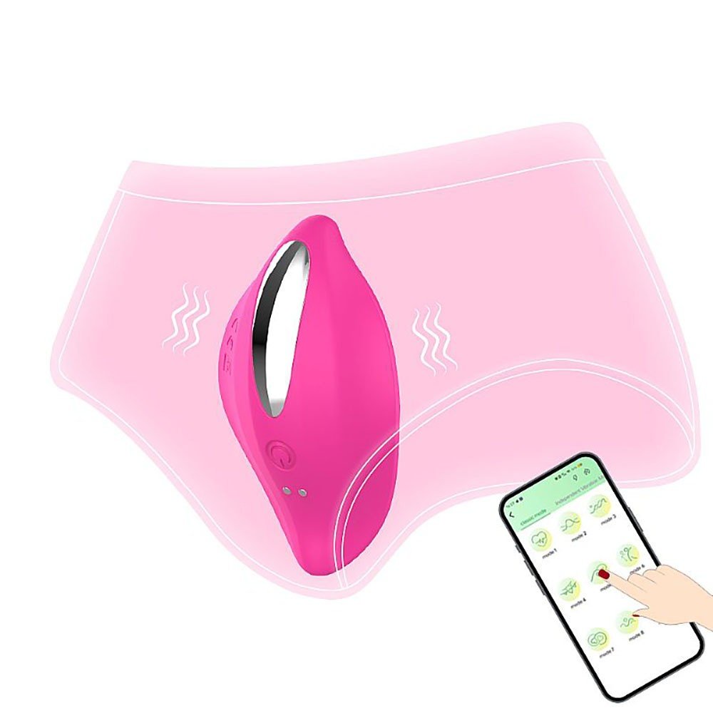 Vibrador para Clit�ris em Silicone Recarreg�vel 9 Vibra��es Controle por App Pink | Vibrador rosa em formato de p�tala, mostrando design ergon�mico no interior de uma calcinha, com fuma�a indicando vibra��o e celular ao lado controlando o aparelho.