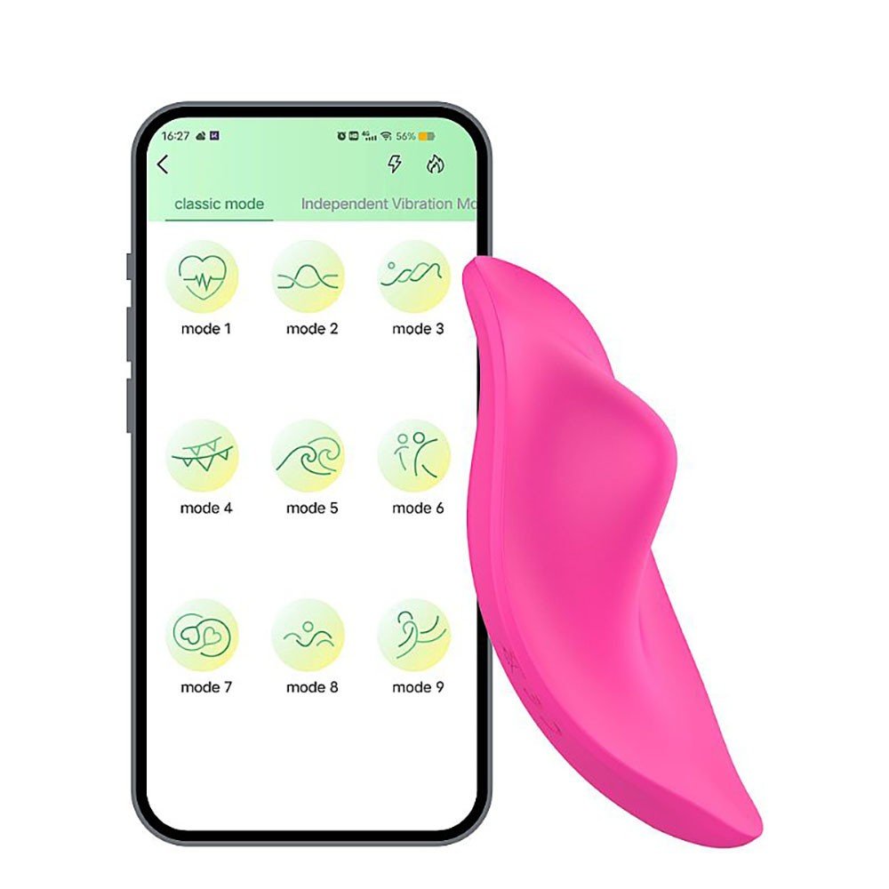Vibrador para Clit�ris em Silicone Recarreg�vel 9 Vibra��es Controle por App Pink | Vibrador rosa em formato de p�tala ao lado de um smartphone com o aplicativo de controle aberto, exibindo os 9 modos de vibra��o dispon�veis.