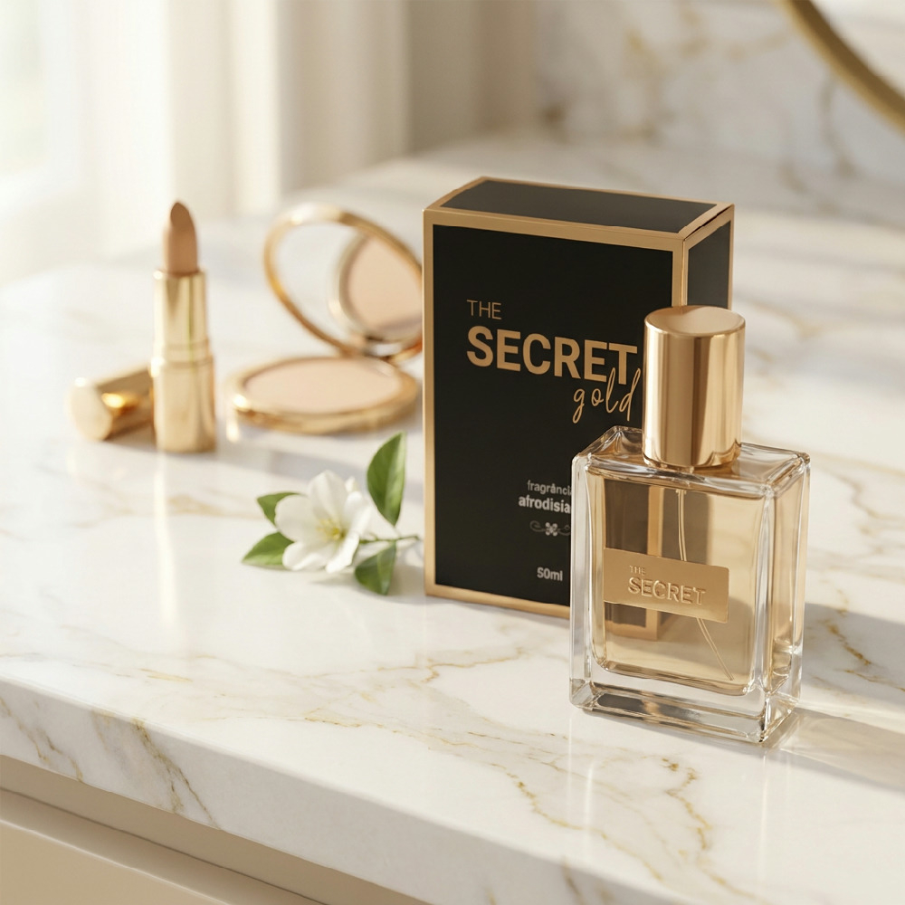 Frasco do Perfume The Secret Gold 50ml em close-up, destacando o r�tulo 'THE SECRET gold' e a tampa dourada