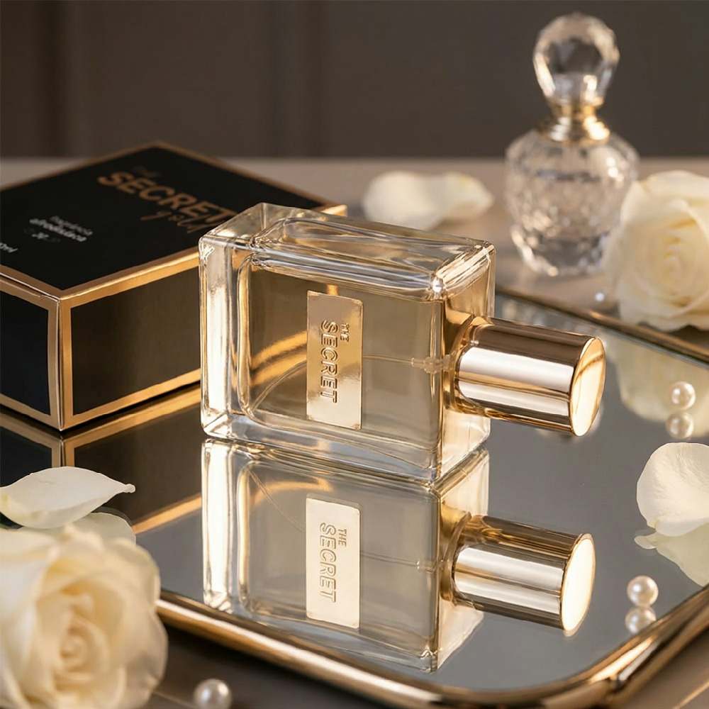Conjunto do Perfume The Secret Gold 50ml e sua caixa, em fundo branco, exibindo detalhes de design