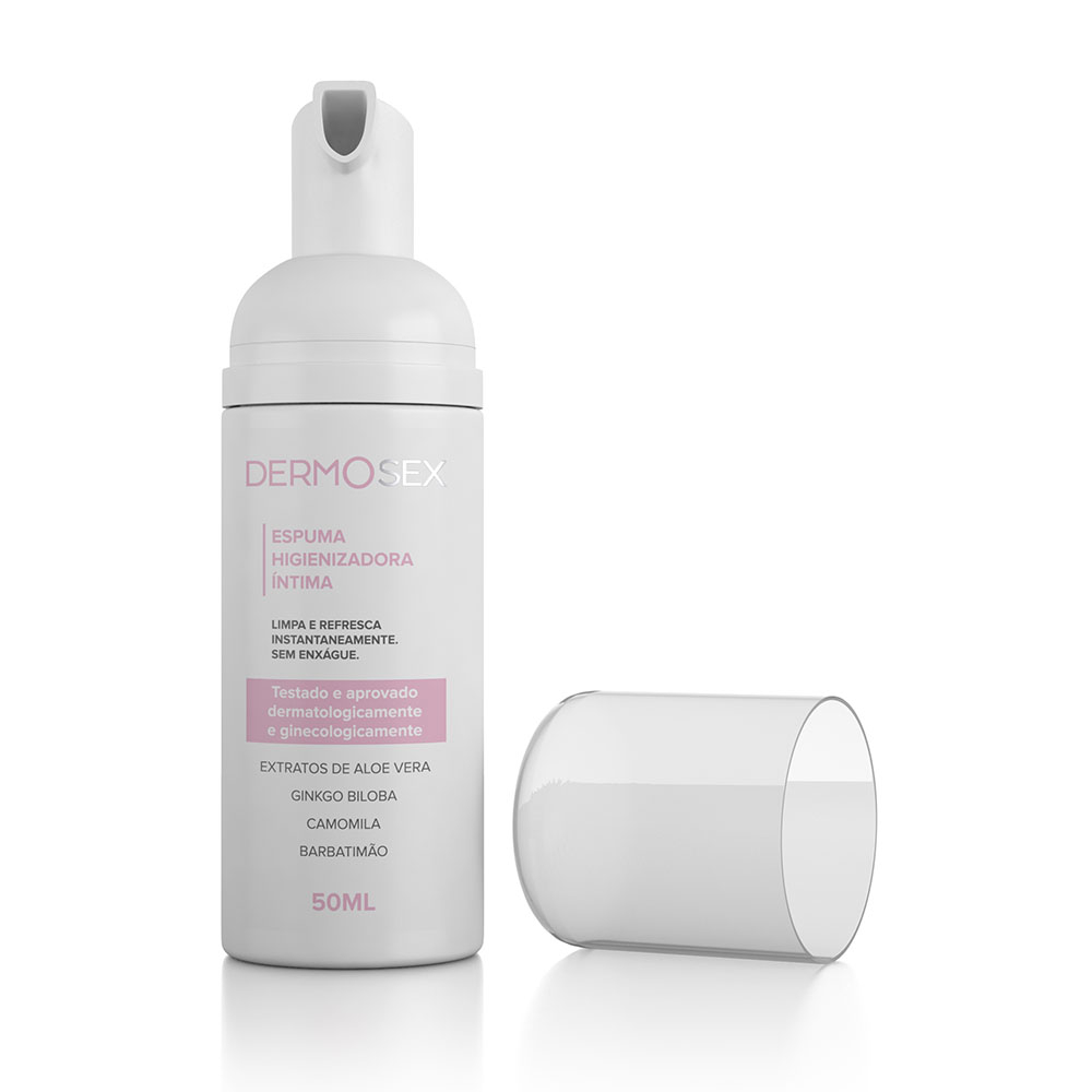 Frasco da Espuma Higienizadora para Vagina e �nus 50ml DERMOSEX, deitado com a tampa ao lado