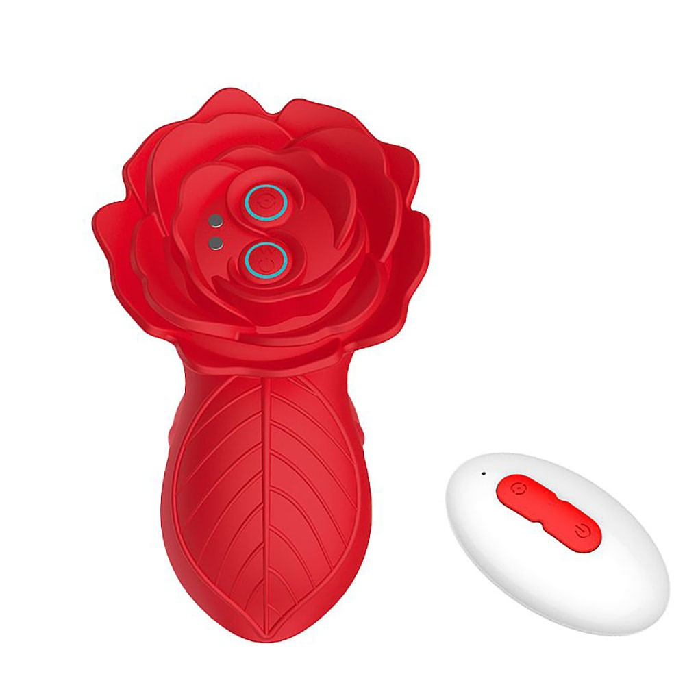 Vista superior do Vibrador Duplo em Silicone Recarreg�vel APP Aurora Vermelho, com destaque para os bot�es coloridos da flor
