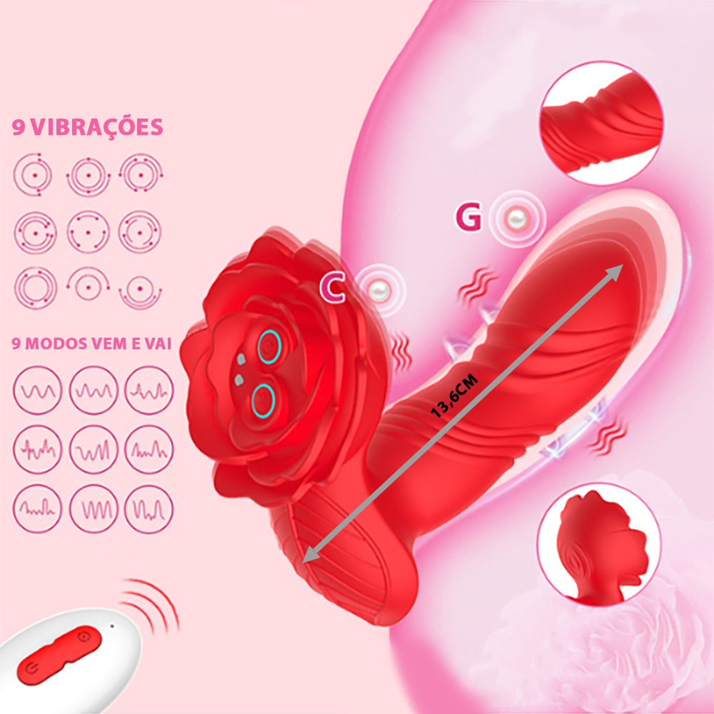 Sextoy com ponta curva para estimulacao de ponto G e base em forma de roa em vermelho