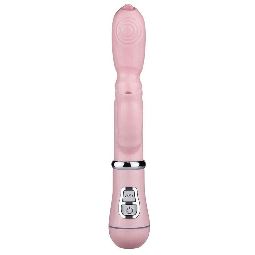 Vibrador Duplo em ABS com L�ngua Estimuladora 12 Vibra��es Rosa - Vista lateral do vibrador mostrando o formato ergon�mico.