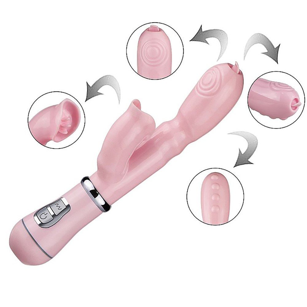 Vibrador Duplo em ABS com L�ngua Estimuladora 12 Vibra��es Rosa - Imagem detalhada do produto e suas funcionalidades, incluindo a l�ngua estimuladora e o modo de vibra��o.