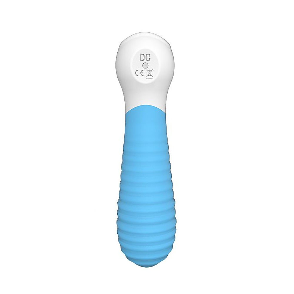 Vista traseira do Vibrador Feminino Mini-2 Azul, mostrando o compartimento de carregamento e as certifica��es de seguran�a (DC, CE, RoHS).