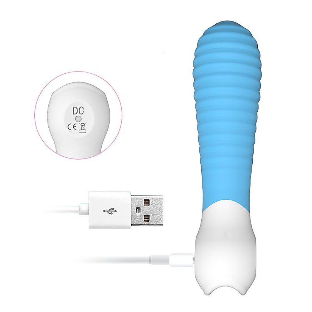 Vibrador Feminino Mini-2 Azul com a cabe�a em silicone branco e corpo azul texturizado.
