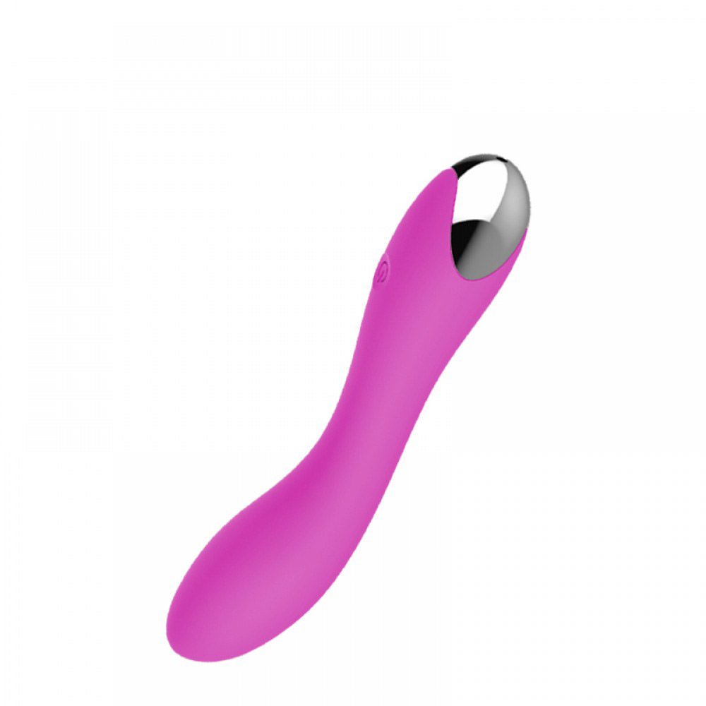 Vibrador Ponto G 20 Vibra��es USB Pink em vista lateral, evidenciando o formato anat�mico e o detalhe cromado na base.