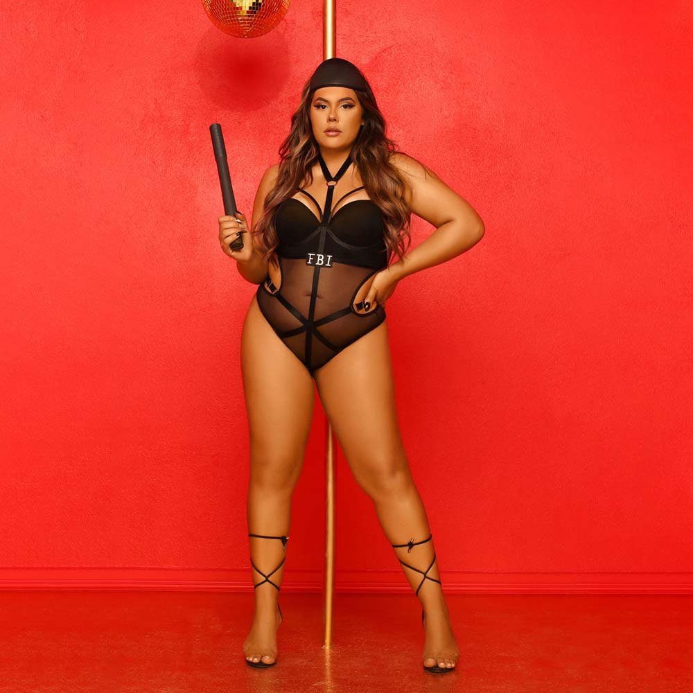 Fantasia Plus Size Policial FBI Body em Tule Transparente com Bojo e Abertura na Vagina Preta | Foto 04