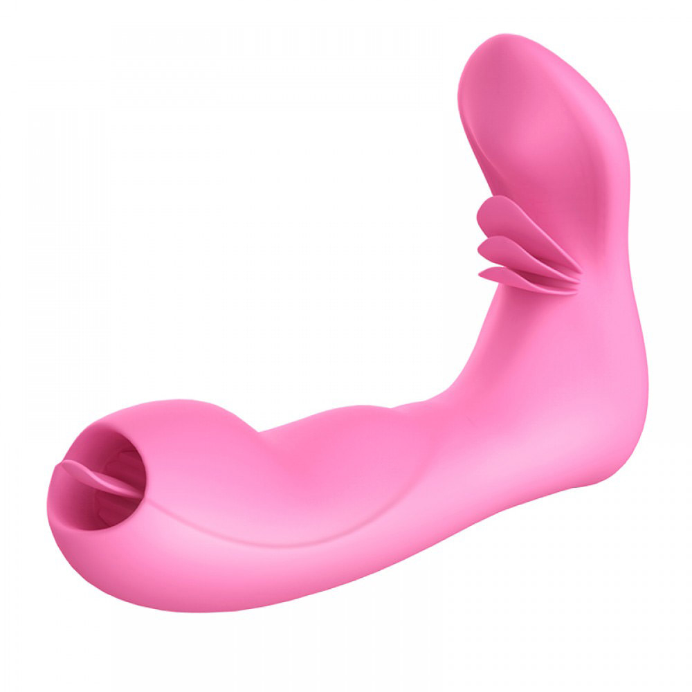 Vista lateral do Vibrador Duplo Rosa, evidenciando o design ergon�mico para clit�ris e ponto G.