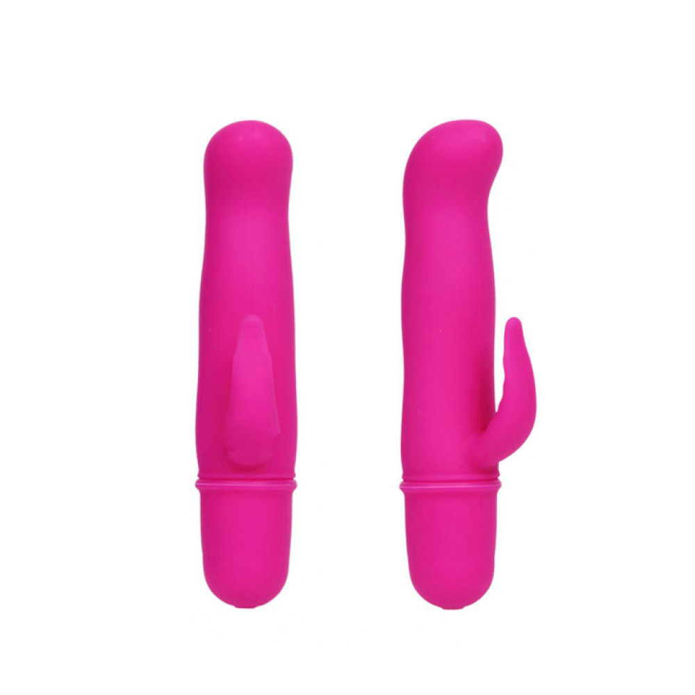 Vibrador Ponto G Blithe Pink com estimulador, duas vistas laterais do produto para mostrar o formato curvado