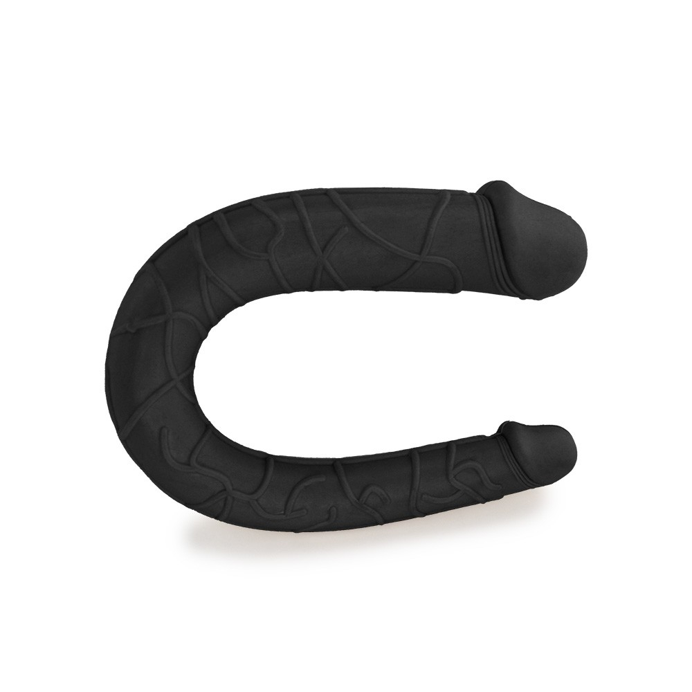 P�nis Duas Pontas em Jelly Havaiano Ferradura Preto, visto de cima, mostrando as duas pontas realistas e a curvatura em forma de ferradura com textura adornada.