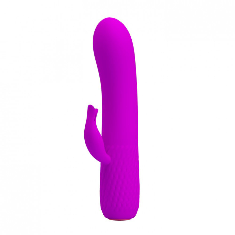 Vibrador Duplo Mini Recarreg�vel com Estimulador, 12 Vibra��es Pink em vista lateral, evidenciando o estimulador de clit�ris curvado