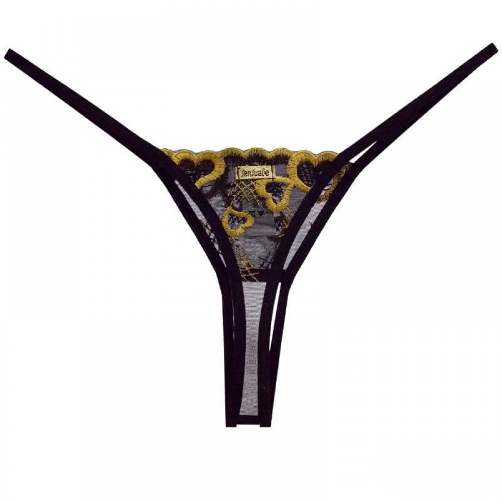 Calcinha String Fio Dental Sexy em Tule e Bordado com Abertura na Vagina Preta com Dourado - Tr�s da pe�a esticada