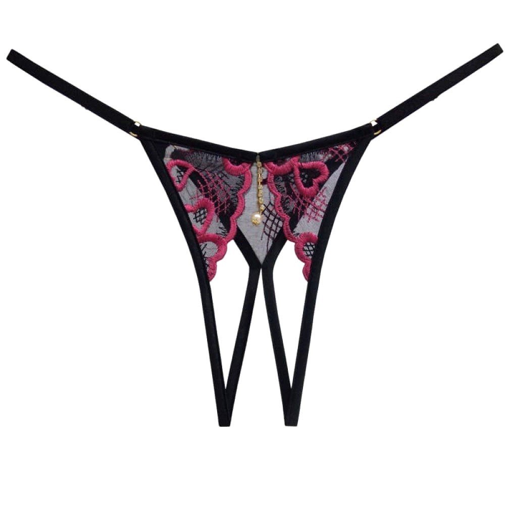 Calcinha String Fio Dental Sexy Notta com Abertura na Vagina Preta com Pink - Vista Superior Aberta