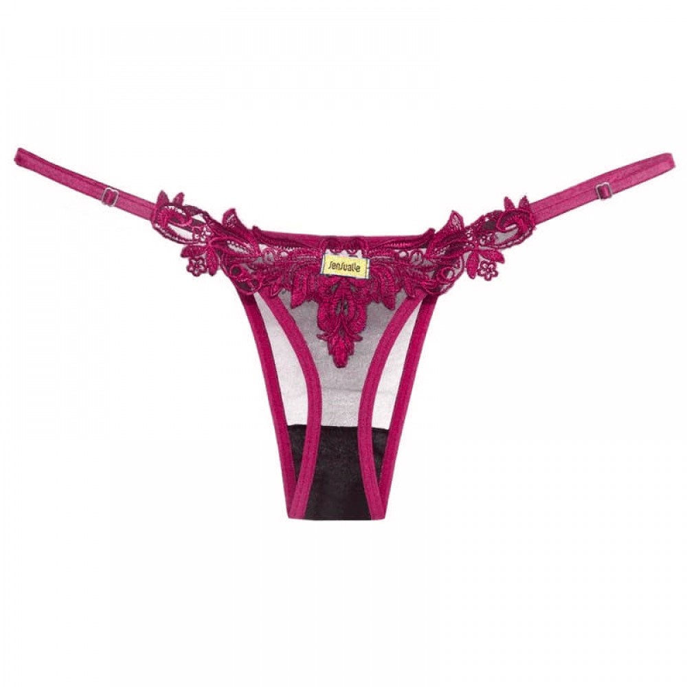 Calcinha String Fio Dental Sexy em Tule e Bordado Crush Preta com Pink | Close da parte de tr�s, com detalhe do bordado pink