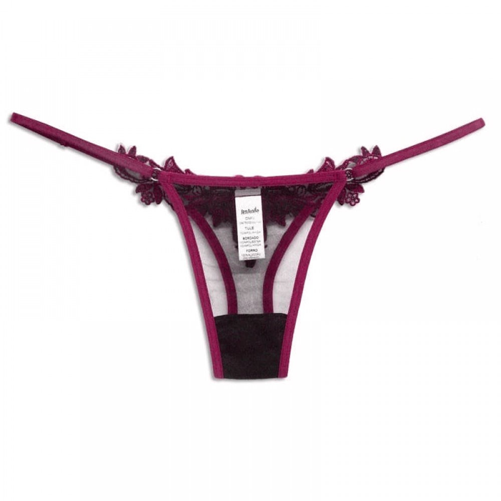 Calcinha String Fio Dental Sexy em Tule e Bordado Crush Preta com Pink | Close da parte da frente, mostrando o tule transparente e a linha string