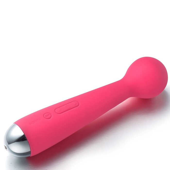 Vista lateral do Massageador Er�tico Silicone Emma Vermelho com detalhe da base met�lica, bot�es de controle e textura suave do silicone