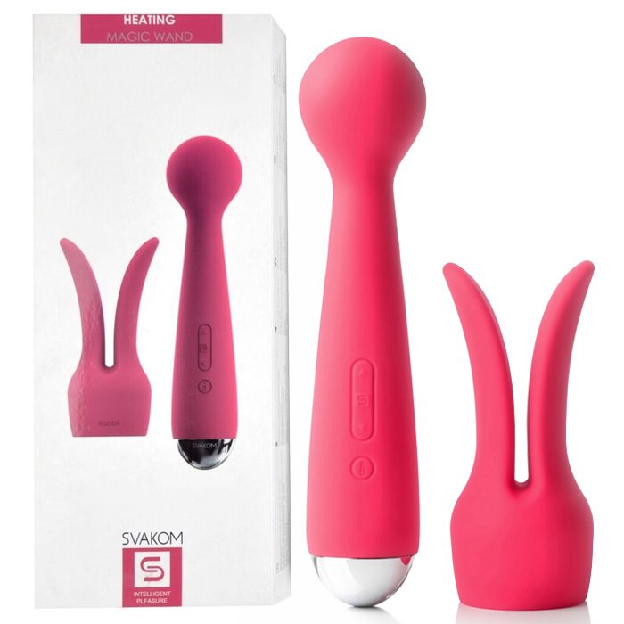 Massageador Er�tico Silicone, Ponta Remov�vel Emma Vermelho junto a sua caixa, mostrando o vibrador principal e o anel estimulador de coelho