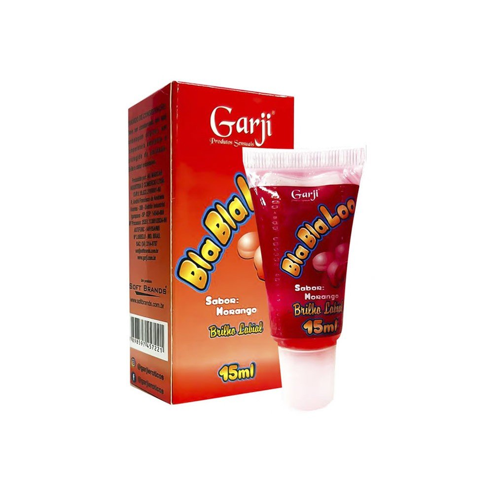 Gel do Beijo Brilho Labial Comest�vel BlaBlaLoo Morango 15ml | Embalagem e tubo lateralmente