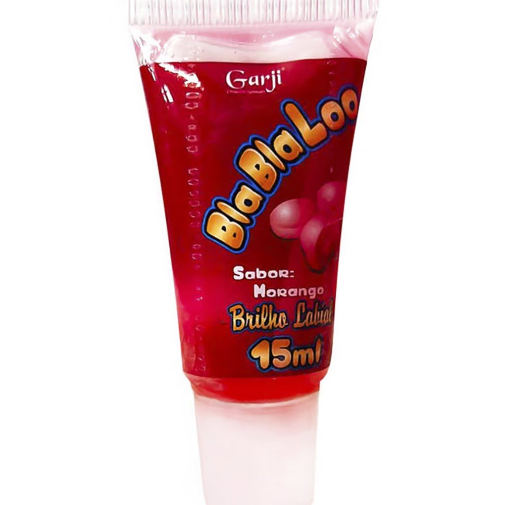 Gel do Beijo Brilho Labial Comest�vel BlaBlaLoo Morango 15ml | Embalagem do produto ao fundo, com o tubo do brilho labial na frente.