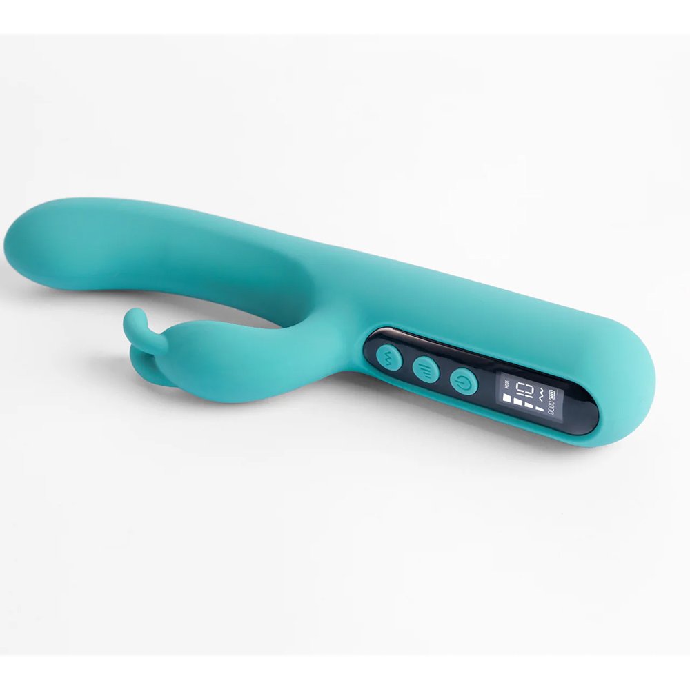 Vis�o superior do Vibrador Duplo Recarreg�vel Rabbit Cyan, destacando o visor digital e os bot�es de controle
