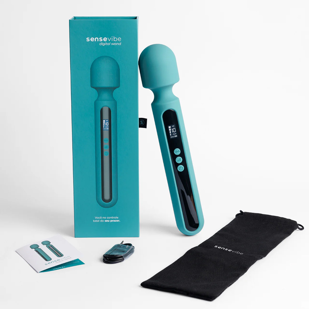 Massageador Er�tico Recarreg�vel em Silicone Visor Digital Wand Cyan com embalagem aberta e acess�rios