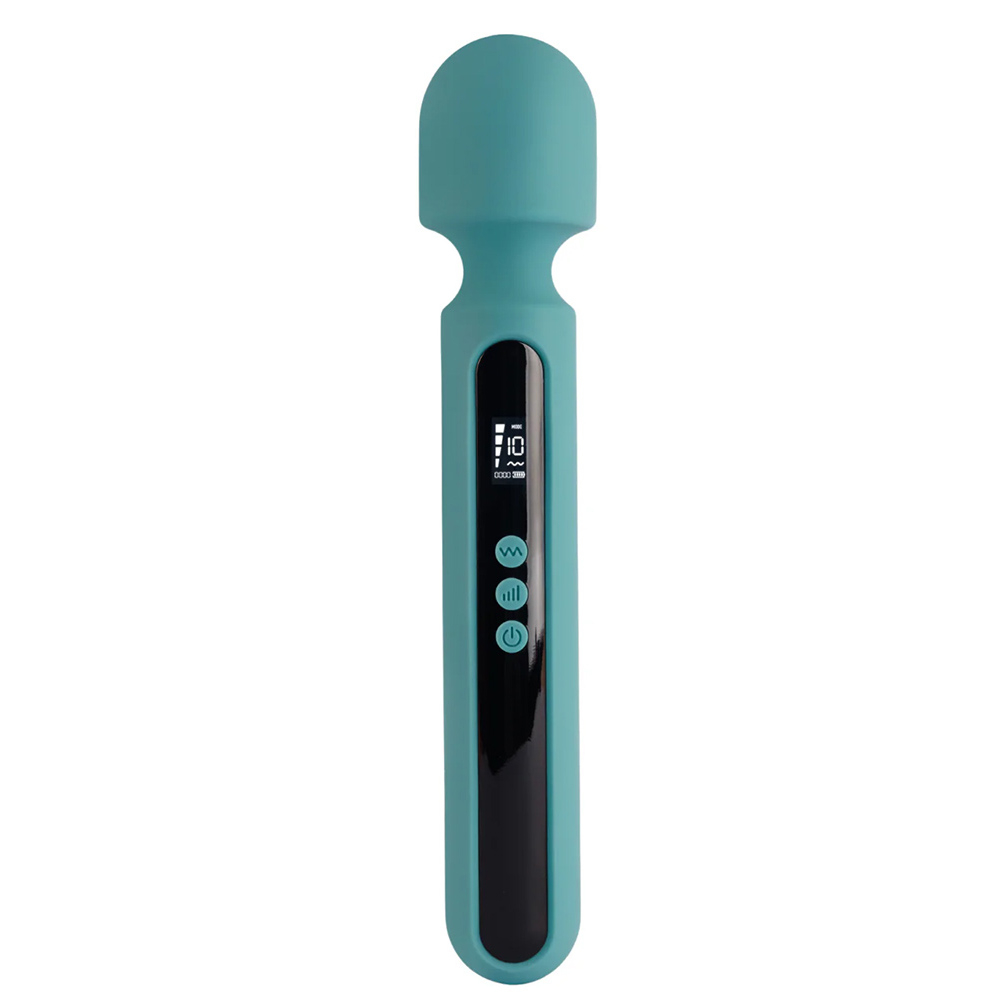 Vista frontal do Massageador Er�tico Recarreg�vel em Silicone Visor Digital Wand Cyan em fundo branco