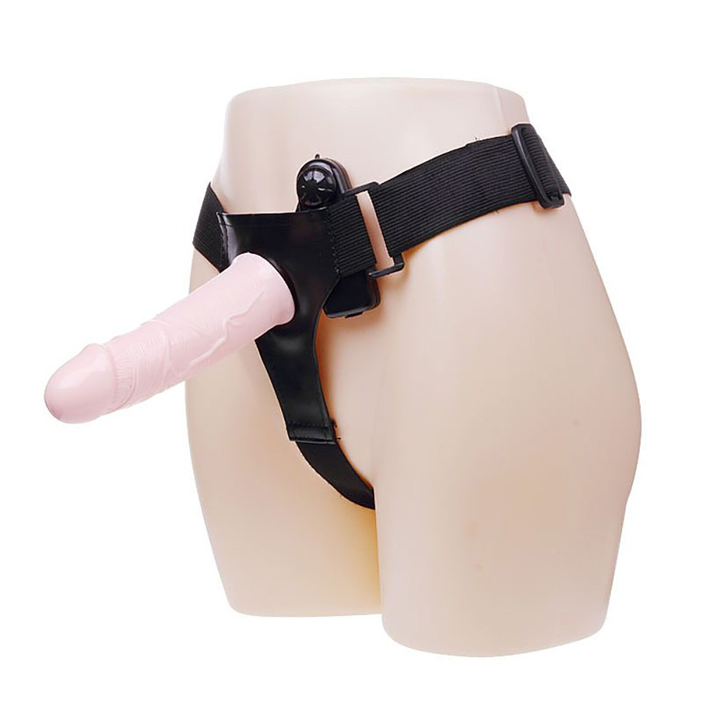 Capa peniana com cinta em PVC e vibrador, vista lateral detalhando o design e a cinta de ajuste