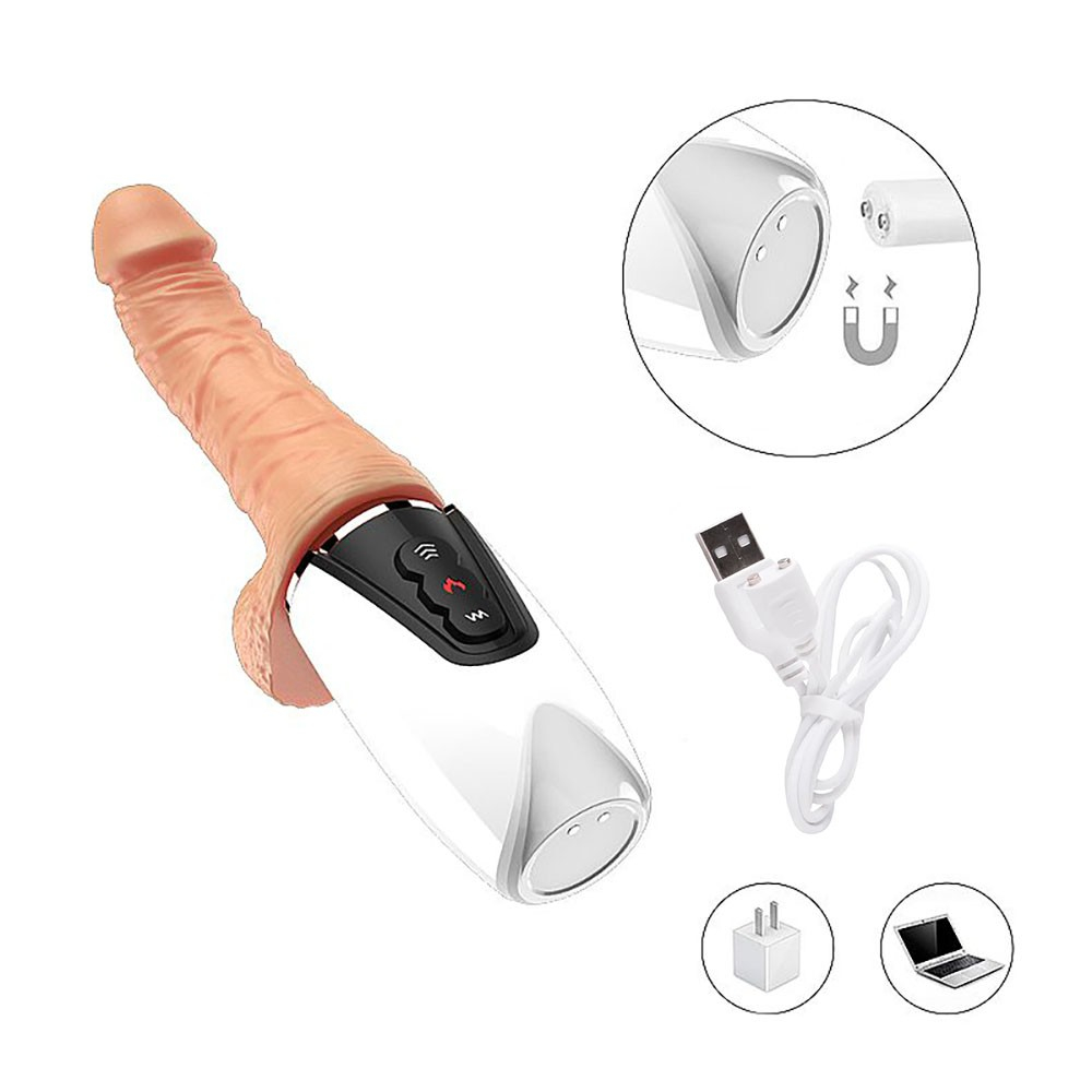 Vibrador formato de p�nis real�stico em cyberskin bege, com base branca e preta, vista frontal e lateral.